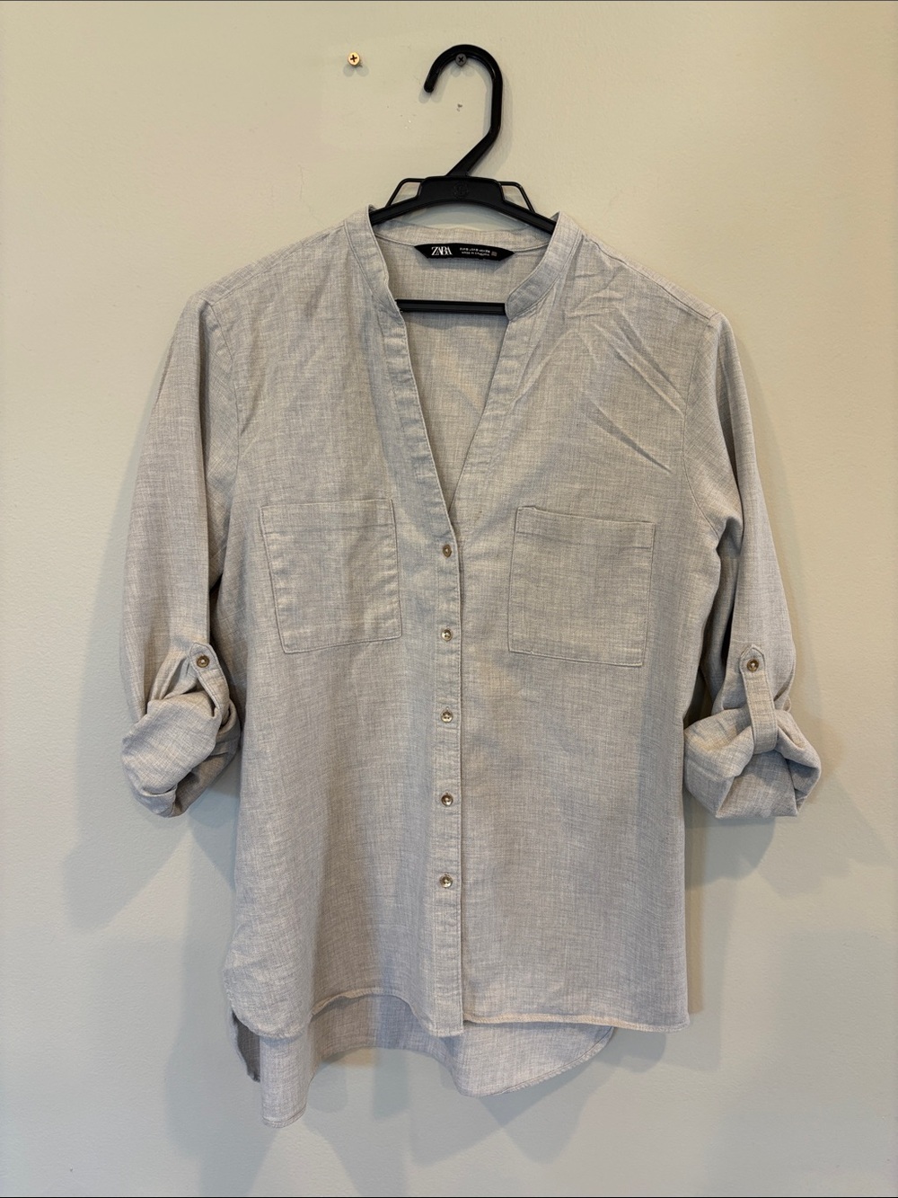 Zara Light Gray Men's Collarless Button-Up Shirt Jacket